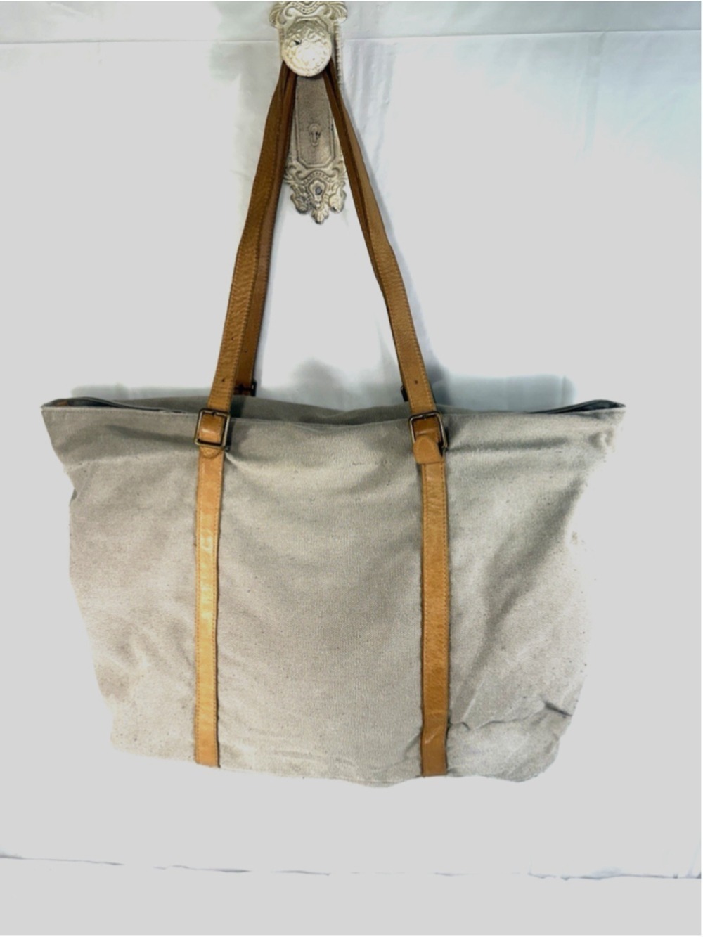 Hearth and Hand With Magnolia Canvas and Leather Tote Bag Khaki - Picture 2 of 16